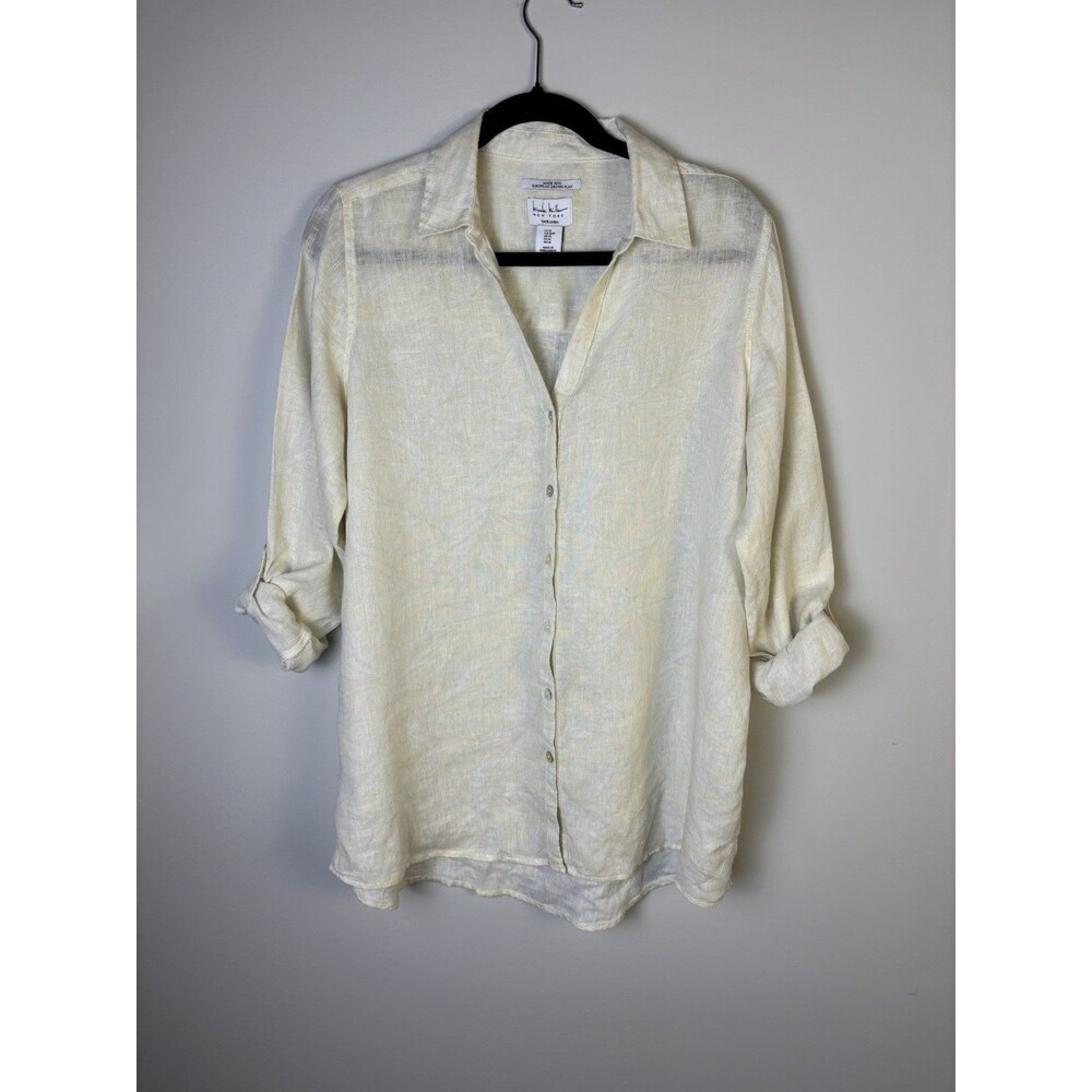 Nicole Miller Size M Womens 100% Linen Yellow White Leaf Button Down Shirt - EUC